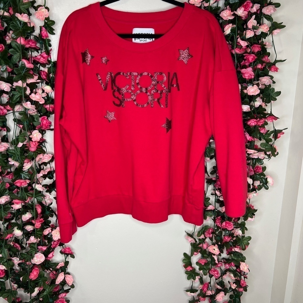 Victoria Sport Red Scoopneck Fleece Lined Sweater Graphic Sparkly L Oversized